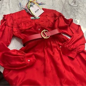 NWT❤️MSGM ❤️Red ALL OVER MSGM LOGO satin ruffle button dress
